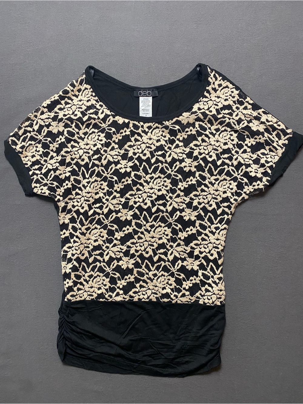 deb Black & Cream Lace Overlay Short Sleeve Top S